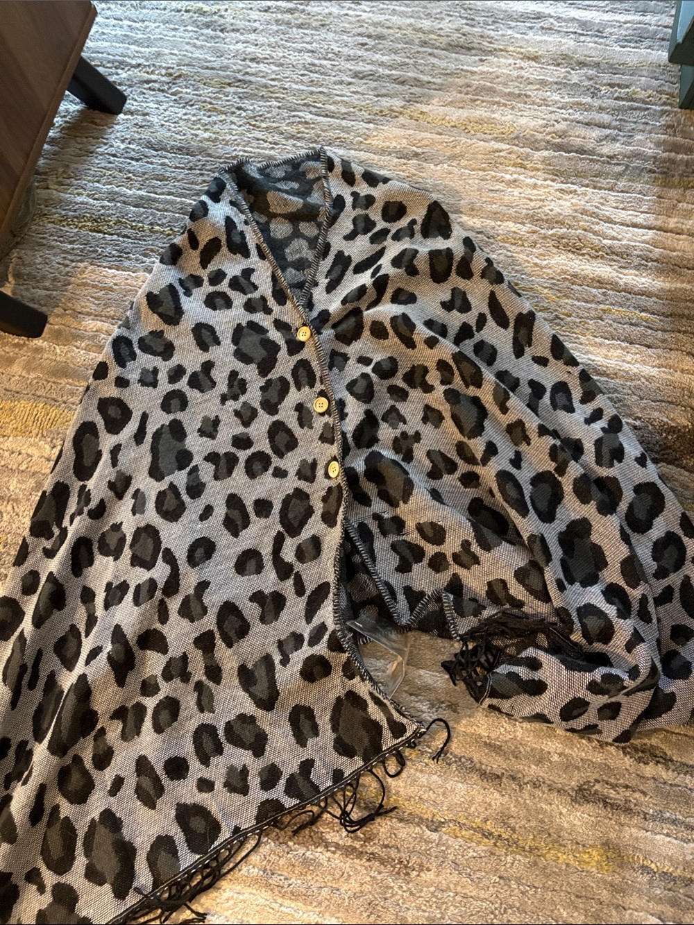 Leopard Print Fringe Shawl Cape - Black & Gray